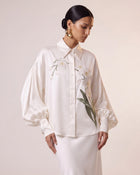 Satin Orchid-Embroidered Puff-Sleeve Shirt - White
