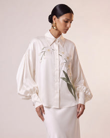 Satin Orchid-Embroidered Puff-Sleeve Shirt - White