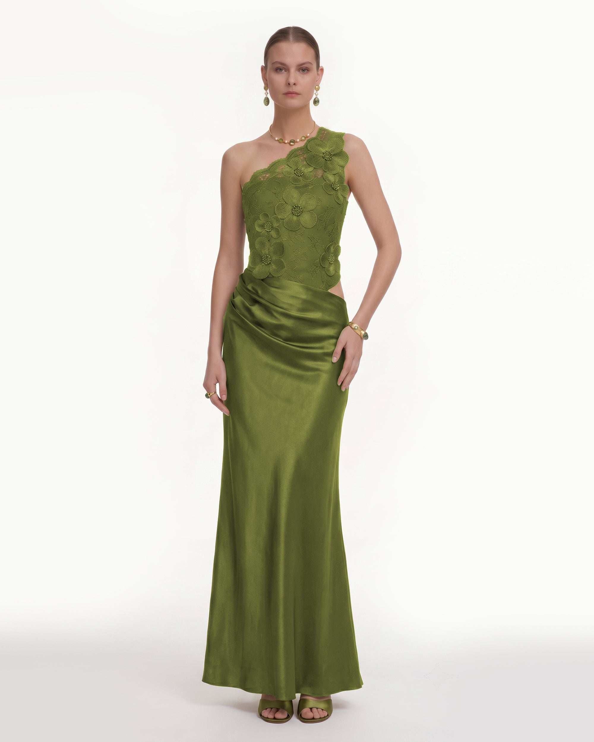 Floral One Shoulder Satin Dress - Olive Green
