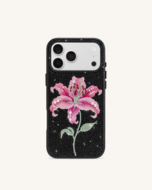 Pink Lily Artificial Crystal Phone Case - Black