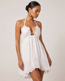 Flower Embroidered Halter Babydoll Mini Dress - White