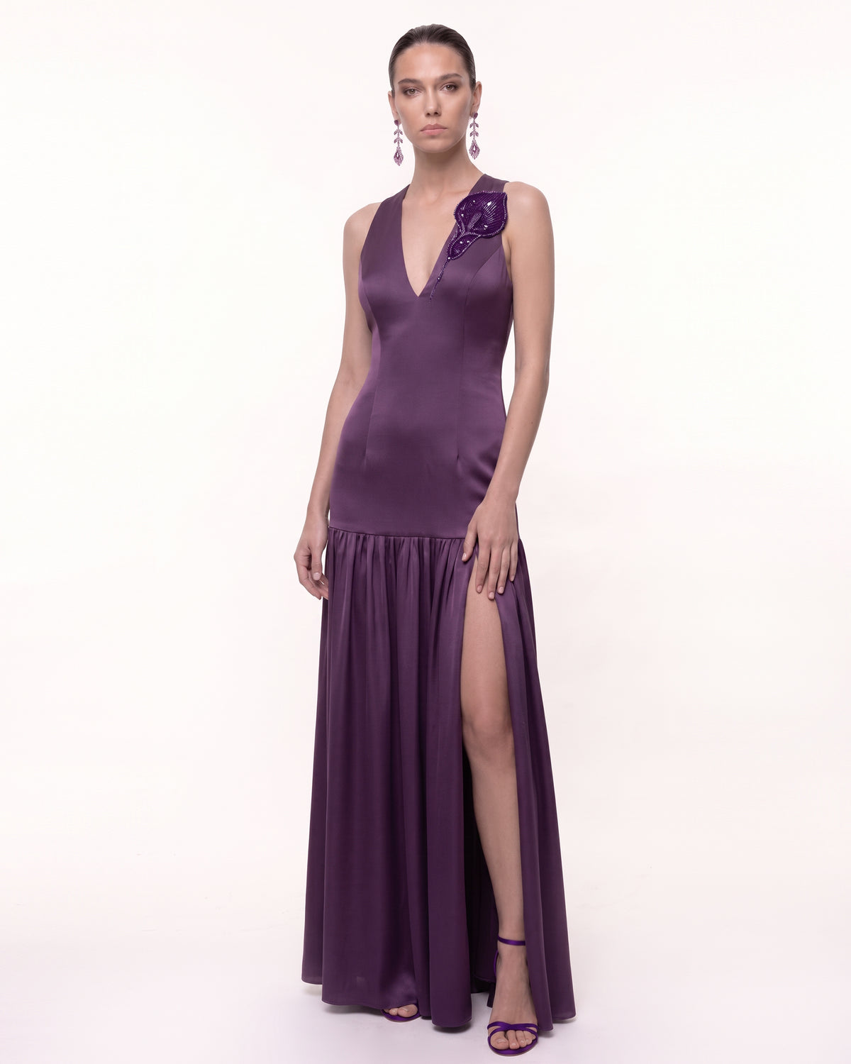 Calla Lily Embellished Plunge-Neck Drop-Waist Slit Maxi Dress - Purple