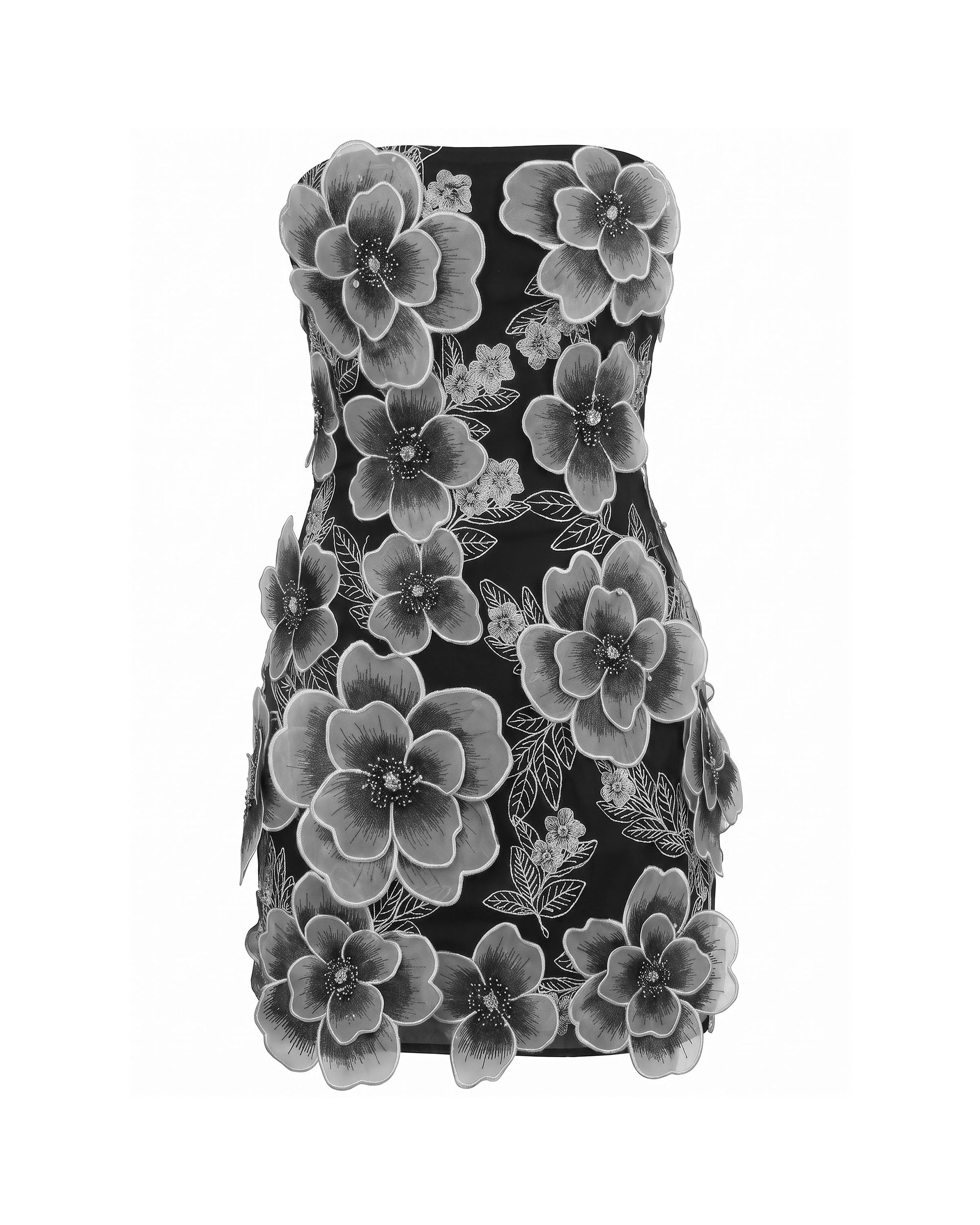 Floral Embroidered Strapless Mini Dress - Black