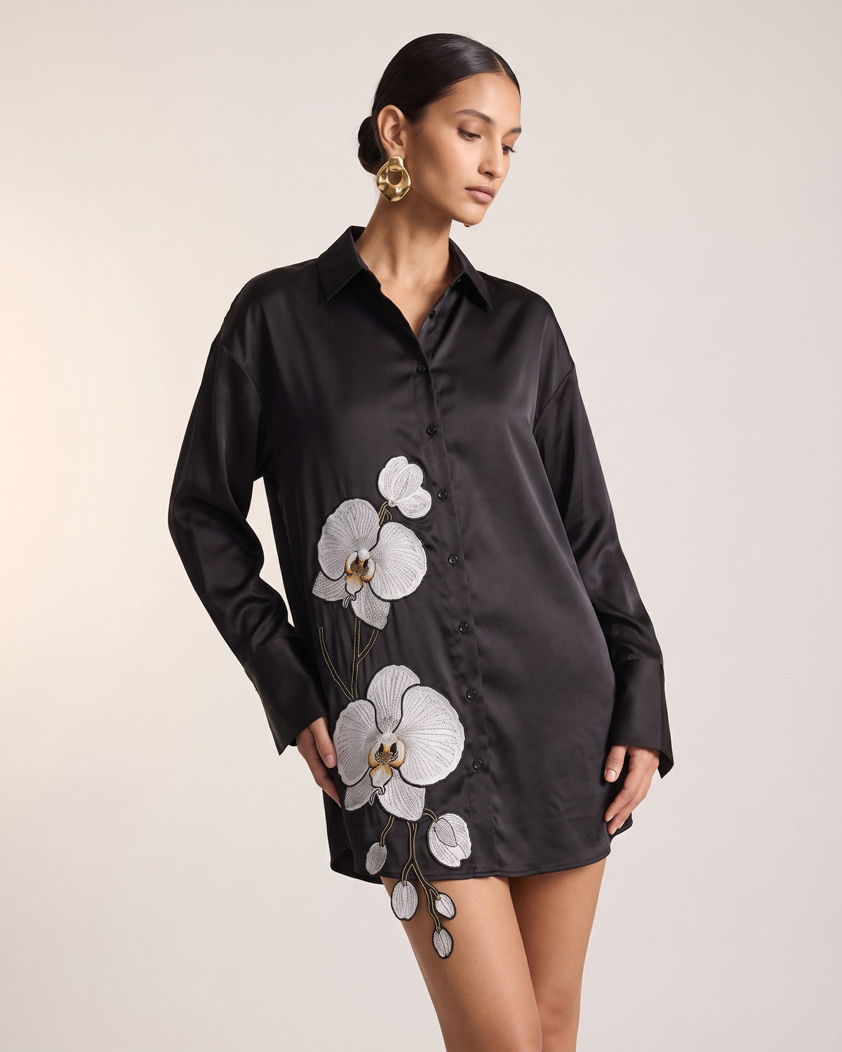 Orchid Embroidered Silk-Feel Button-Down Shirt - Black