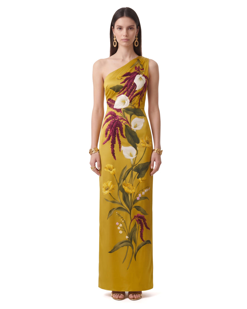 One-Shoulder Floral Print Fitted Maxi Gown - Yellow