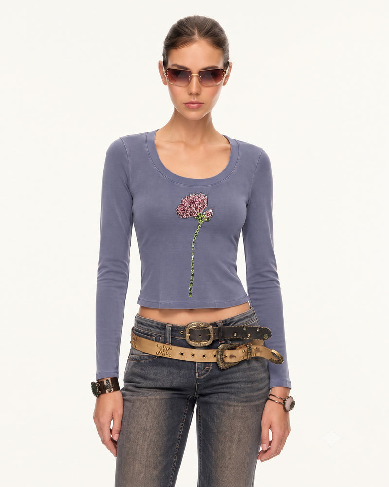 Rhinestone Rose Scoop Neck Curved Cropped Tee - Smokey Slate