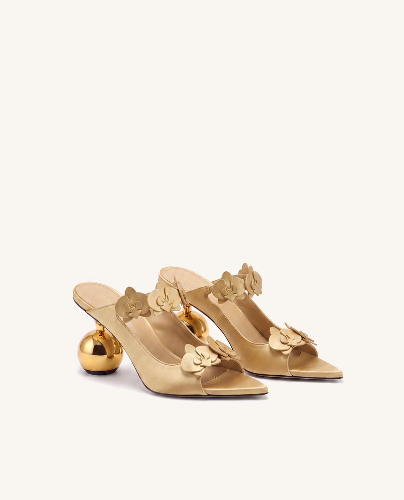 Rosalie Orchid Appliqué Sphere Heel Mules - Champagne