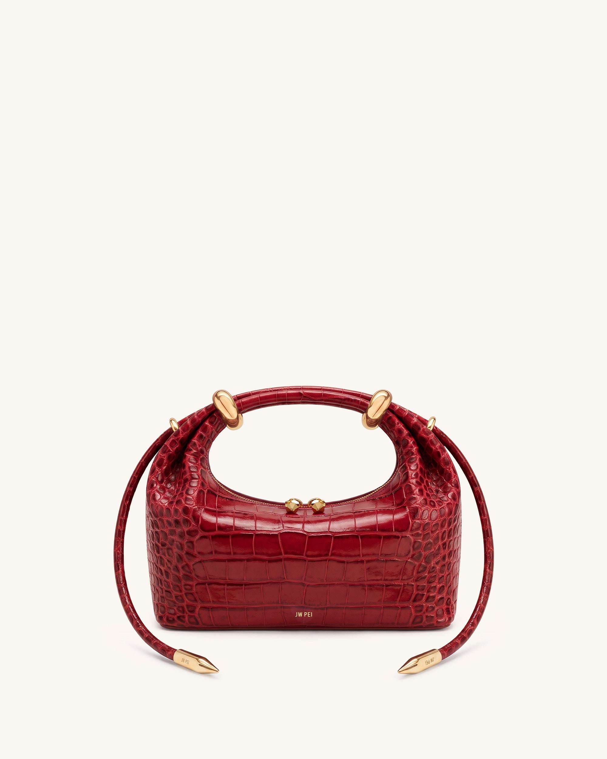 Ellie Metal Ring Embellished Top Handle Bag - Berry Red Croc