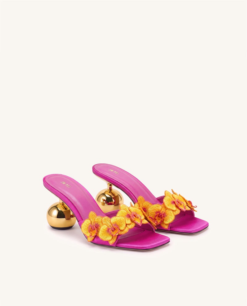 Celia Orchid Embroidered Sphere Heel Mules - Rose Red