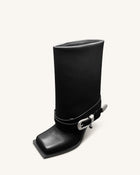 Emilia Western Buckled Leather Stiletto Boots - Black