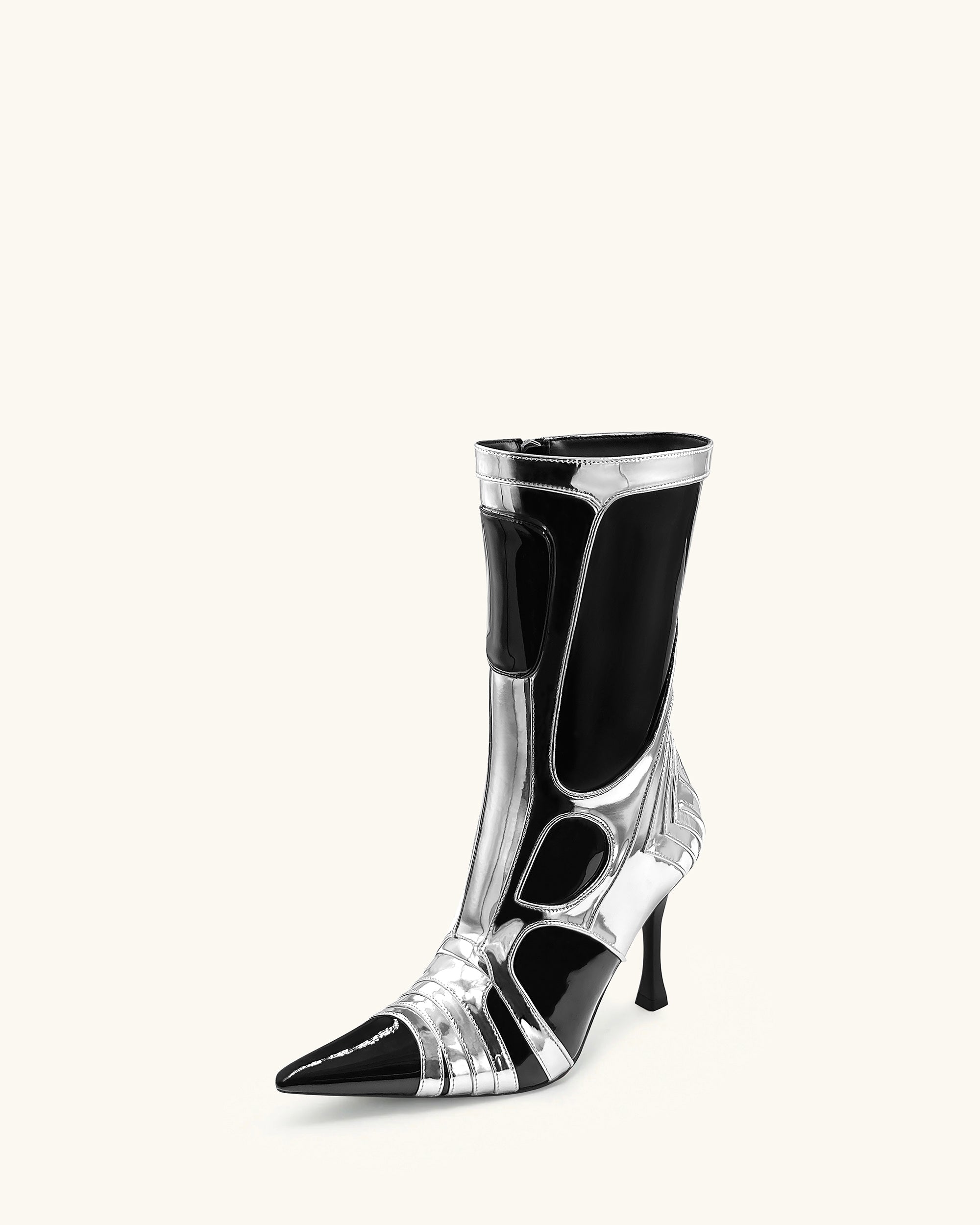 Odette Futuristic Heeled Bike Ankle Boots - Silver&Black