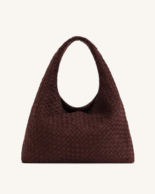Iaura Faux Suede Woven Shoulder Bag - Dark Brown