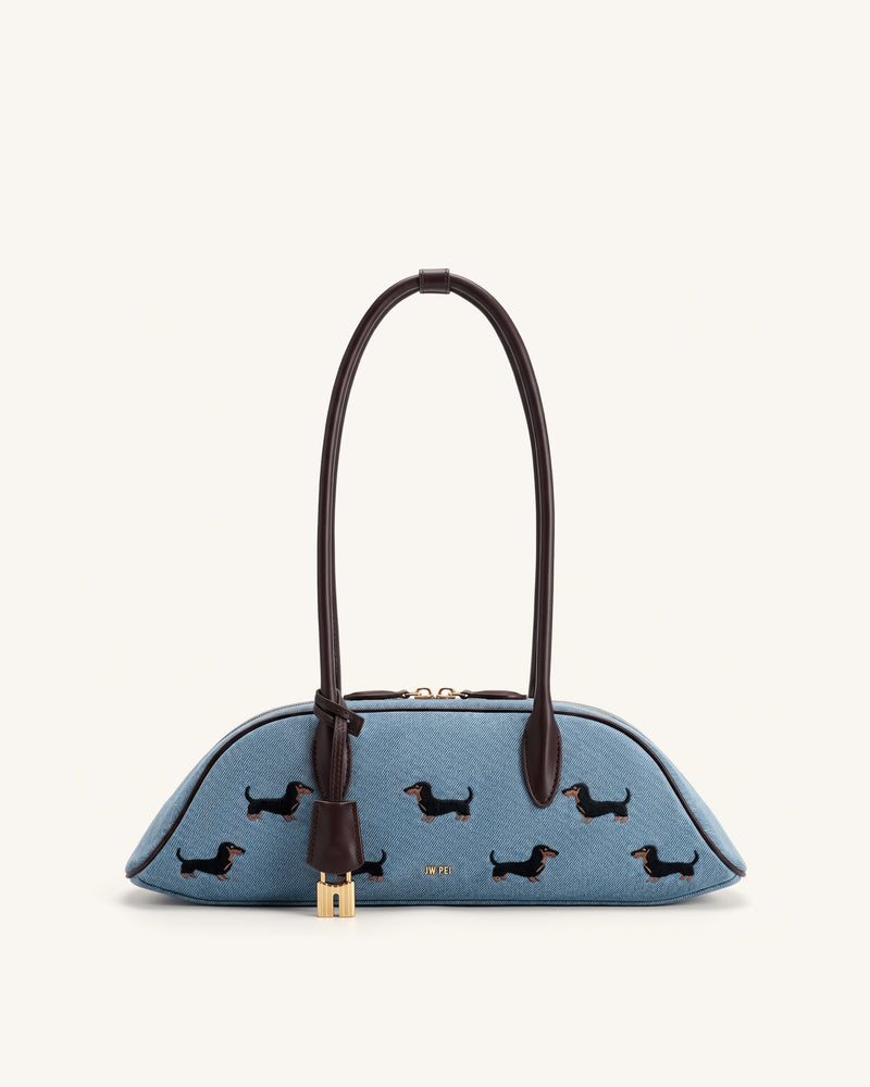 Zora Puppy Embroidery Pattern Shoulder Bag - Blue Denim