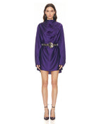 3D Calla Lily Belted Satin Mini Dress - Deep Purple