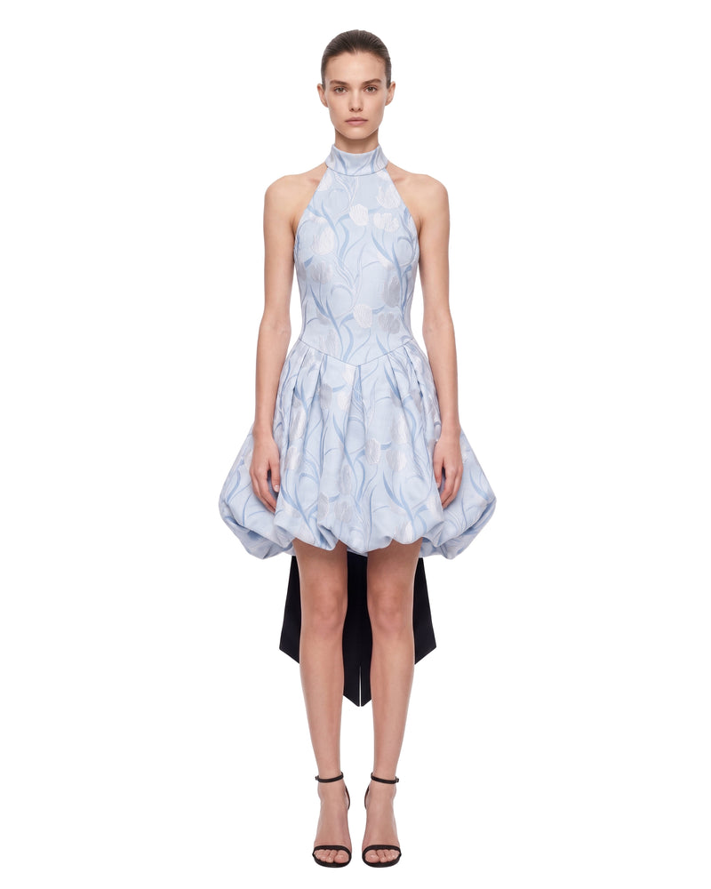 Floral Halter Bow Bubble Mini Dress - Light Blue