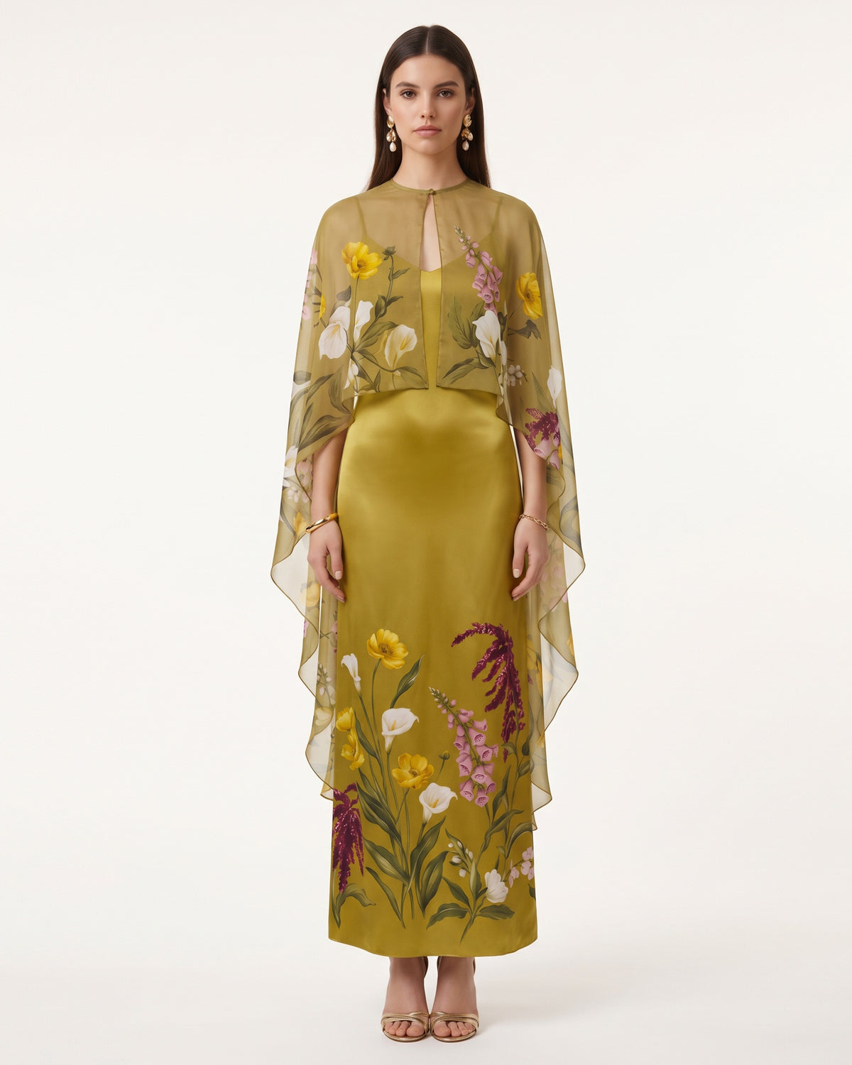 Sheer Cape Floral Satin Sheath Dress - Chartreuse