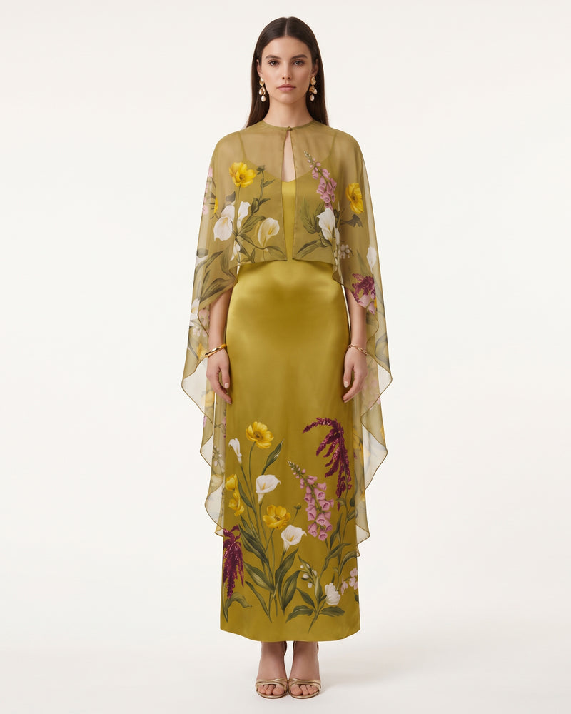 Sheer Cape Floral Satin Sheath Dress - Chartreuse