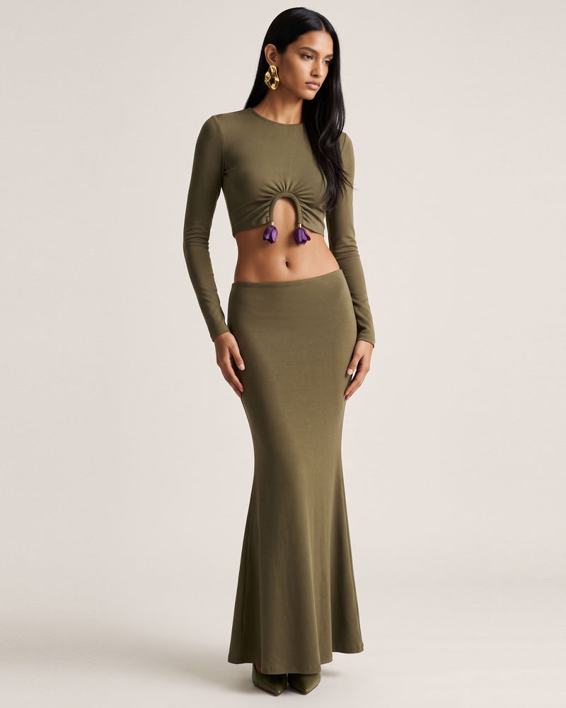 3D Embroidered Tulip Cutout Cropped Top - Olive Green
