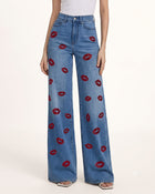 The Temptation Red Lips Rhinestone Jeans - Ocean Blue