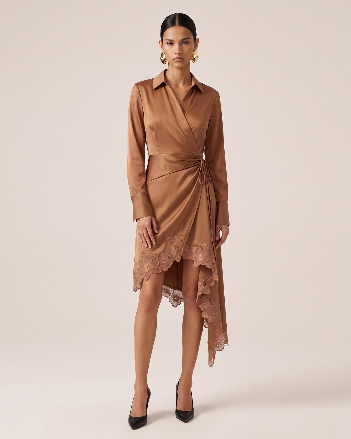 Orchid Embellished Asymmetric High-Low Satin Wrap Dress - Brown