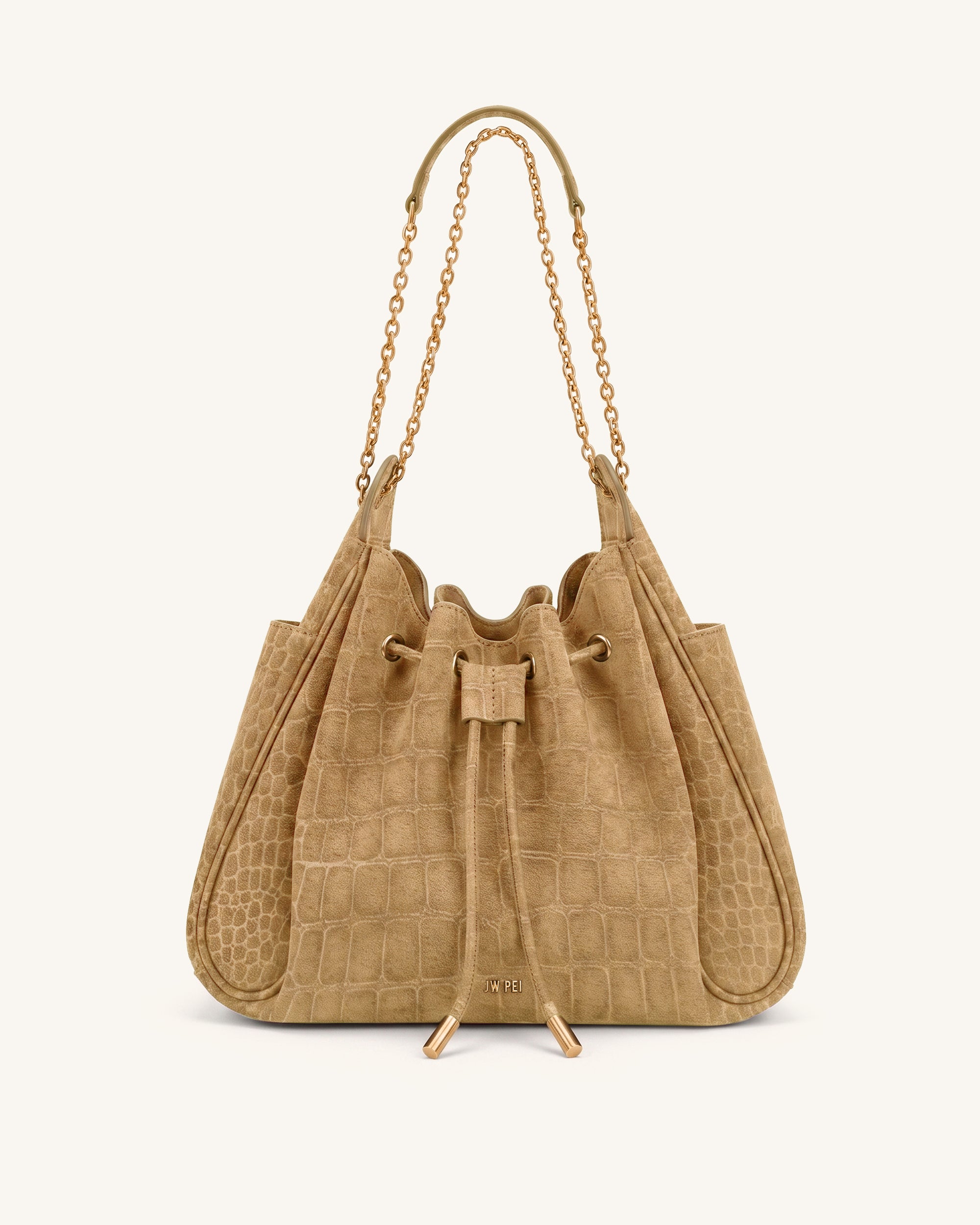 Rowan Faux Suede Drawstring Chain Bucket Bag - Earth Brown Croc
