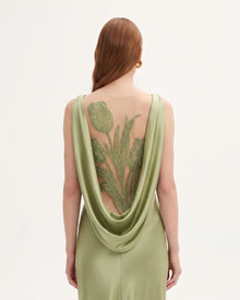 Tulip Appliqué Cowl-Back Satin Column Maxi Dress - Sage Green