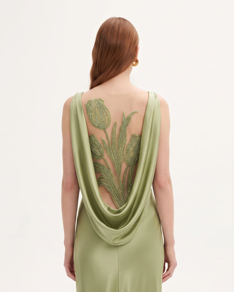 Tulip Appliqué Cowl-Back Satin Column Maxi Dress - Sage Green