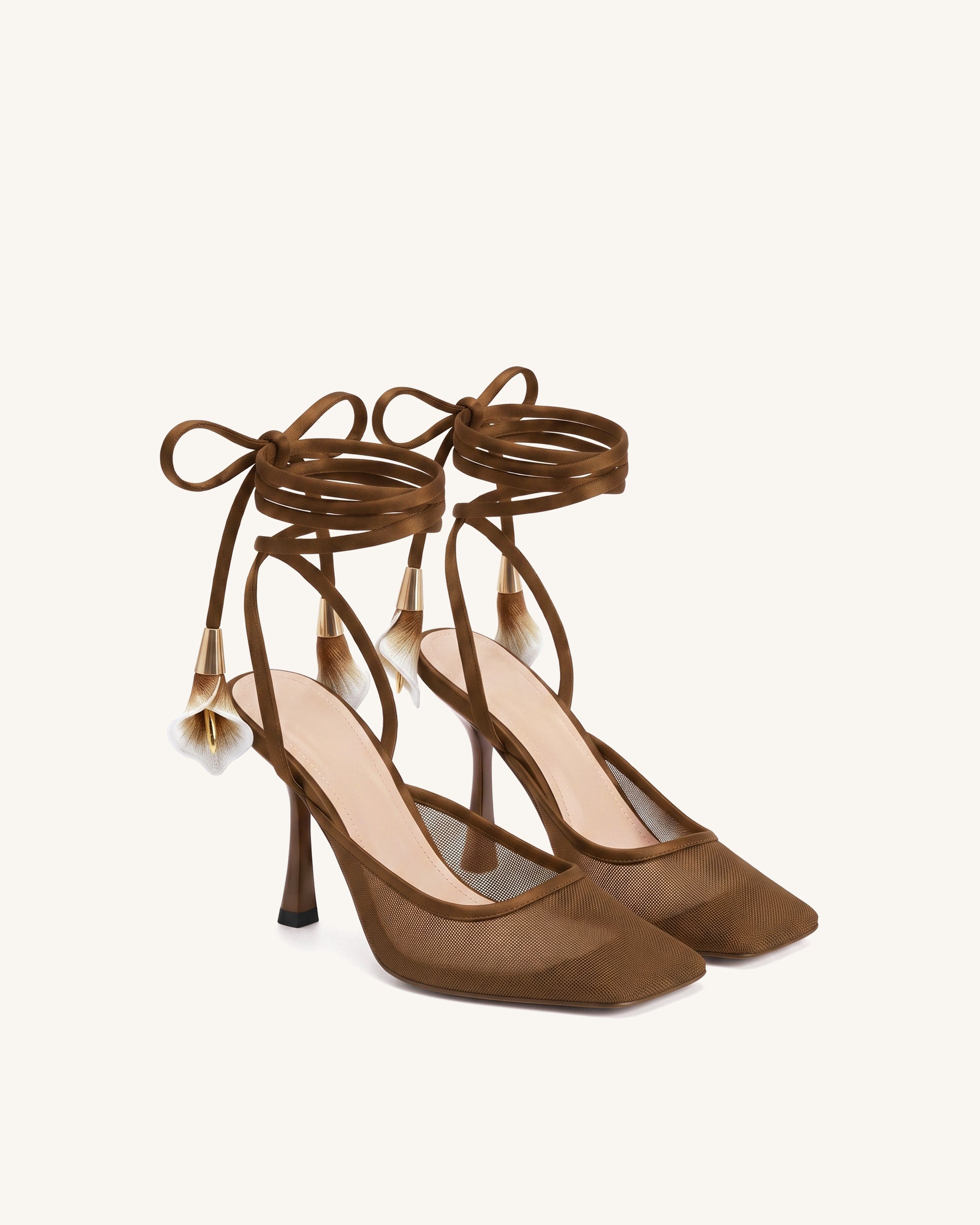 Astrid Calla Lily Lace-Up Mesh Pumps - Brown