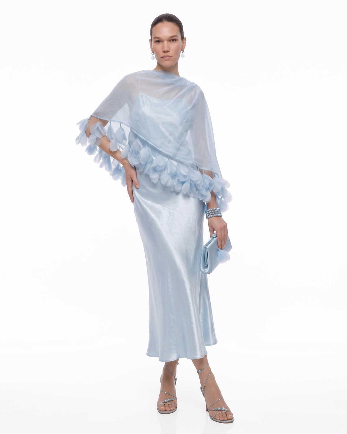 3D Floral-Trim Sheer Cape Satin Midi Dress - Light Blue