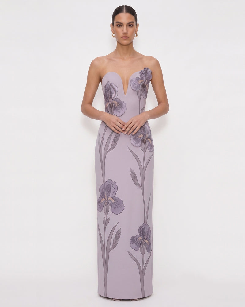 Iris Embroidered Notch Neck Strapless Maxi Dress - Lavender