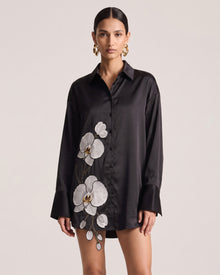 Orchid Embroidered Silk-Feel Button-Down Shirt - Black