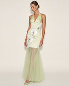 Orchid Embroidered Sheer Hem Halter Maxi Dress - Green