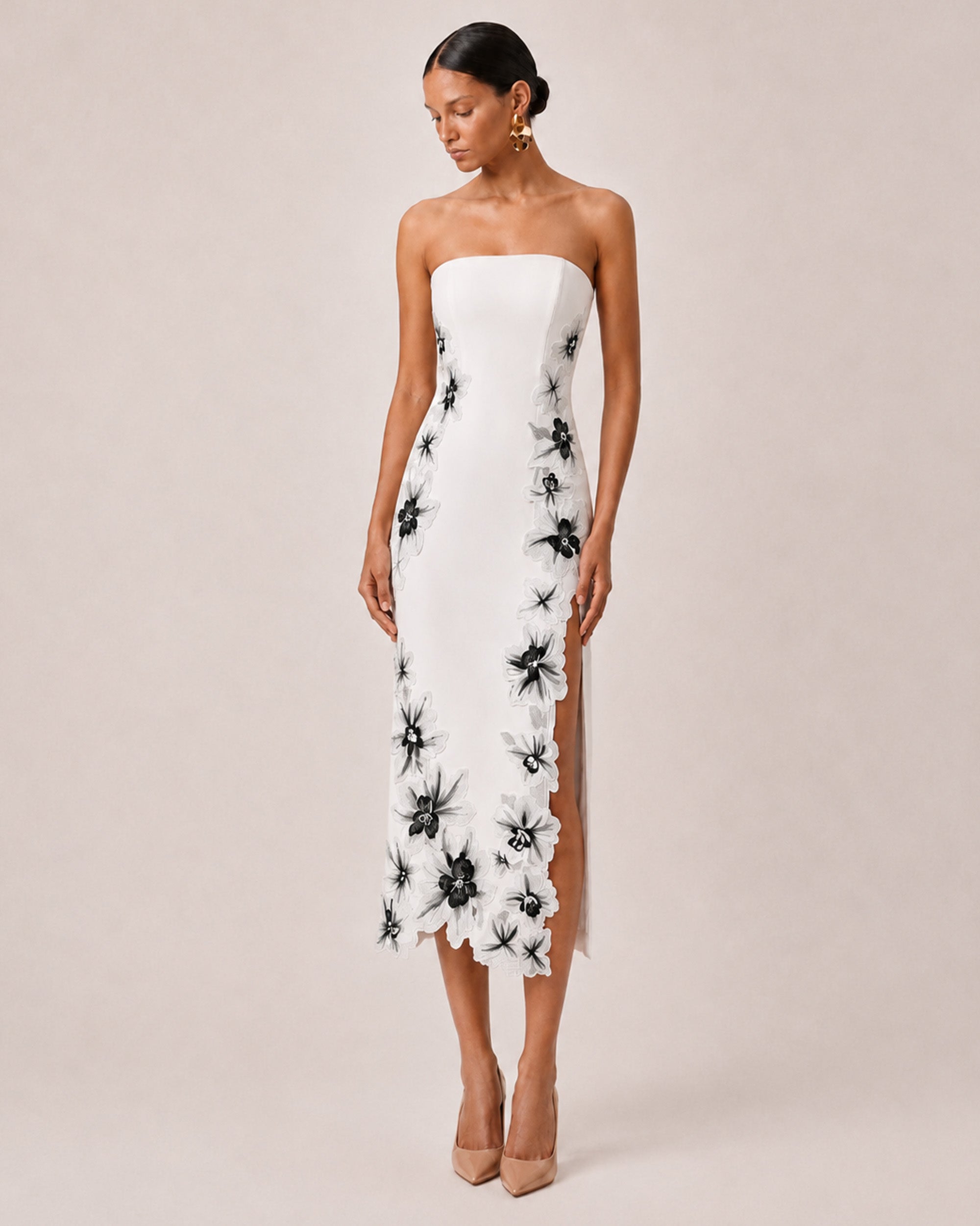 Flower Embroidered Strapless Midi Dress - White