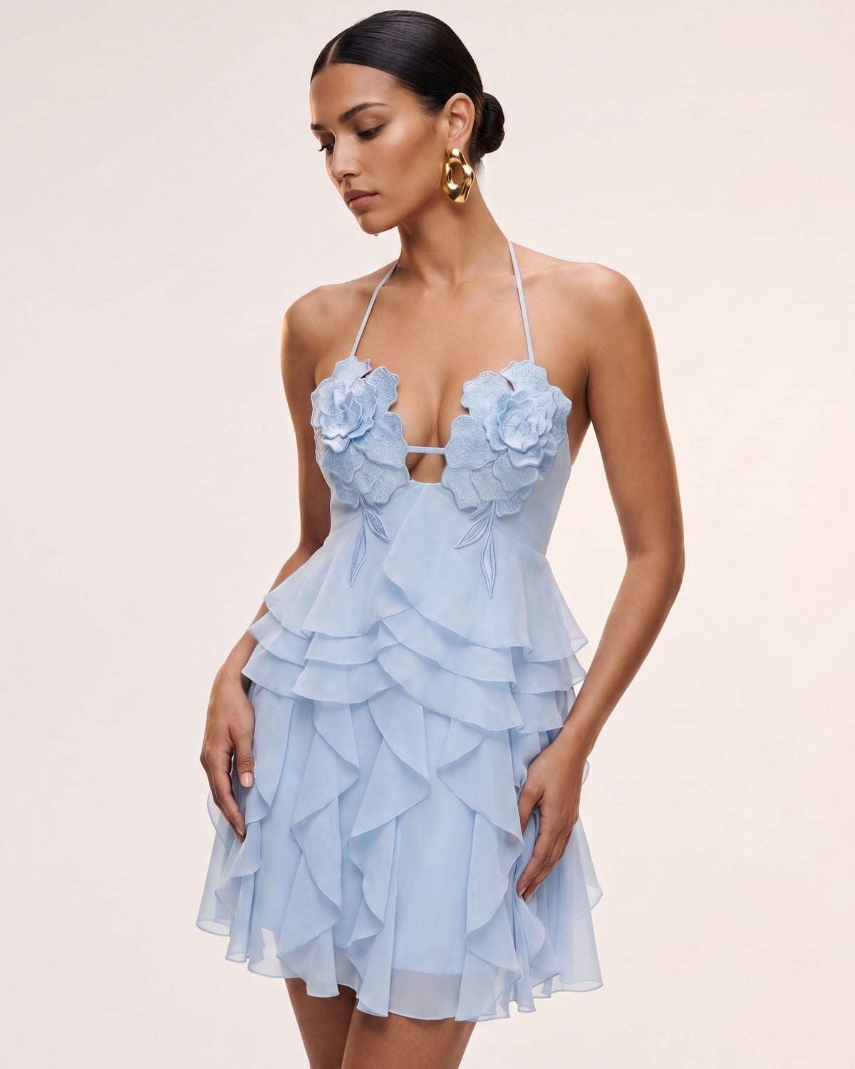 Flower Embroidered Halter Ruffled Mini Dress - Light Blue