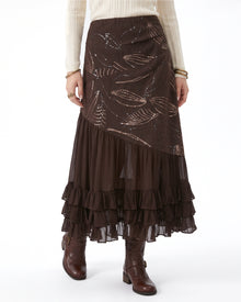 Asymmetric Ruffled Chiffon Boho Maxi Skirt - Deep Mocha