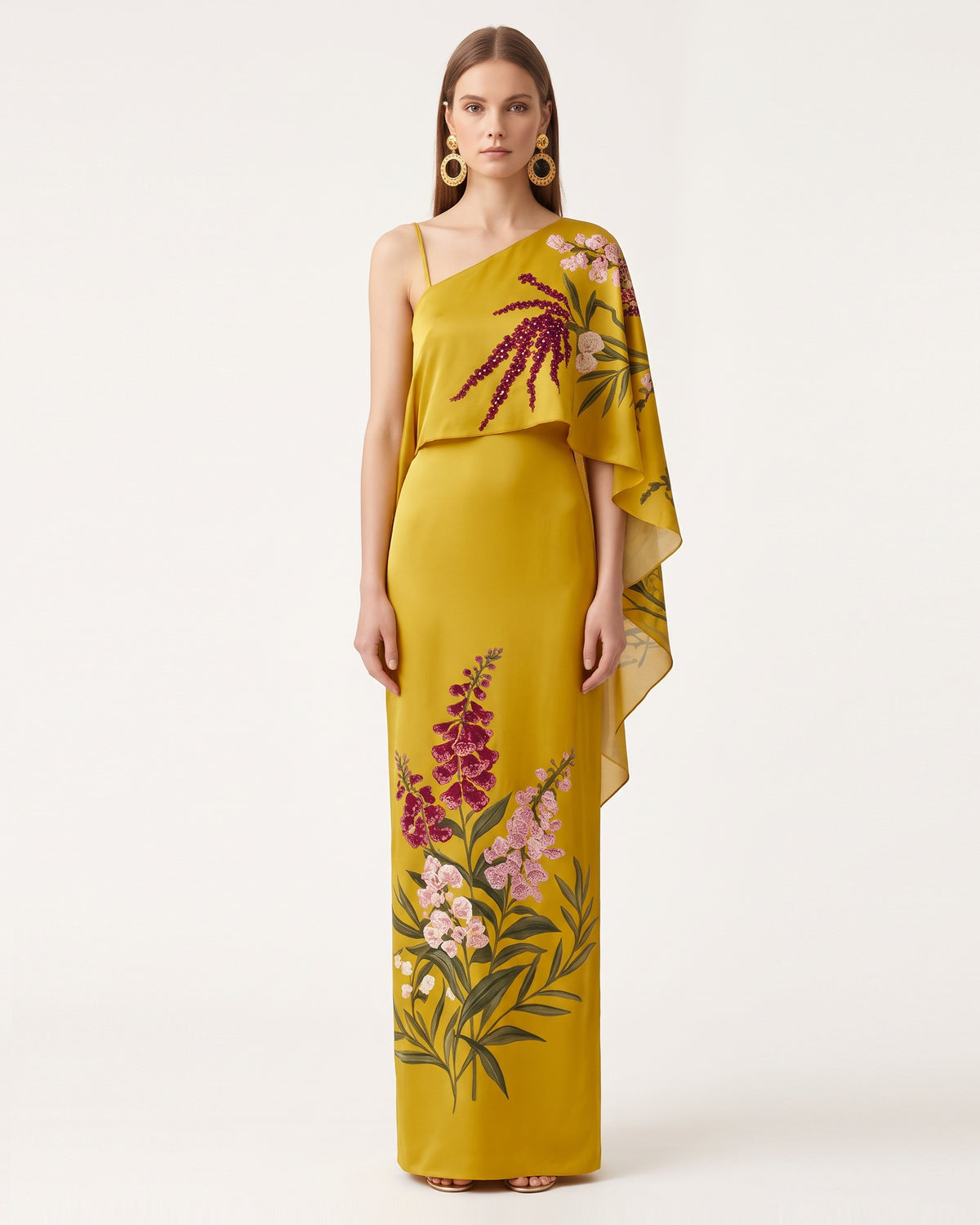 Asymmetric Cape Floral Satin Maxi Dress - Yellow