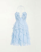 Flower Embroidered Halter Ruffled Mini Dress - Light Blue