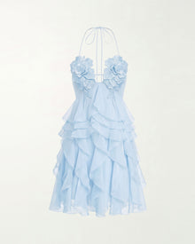 Flower Embroidered Halter Ruffled Mini Dress - Light Blue