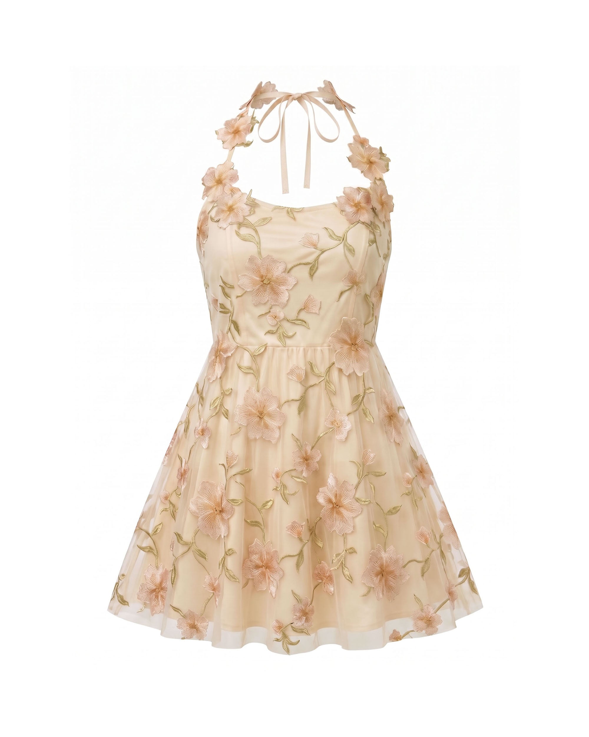 3D Floral Appliqué Sheer Mini Dress - Champagne