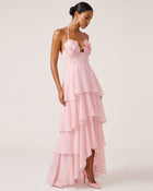 Flower Embroidered Halter Layered Maxi Dress - Pink