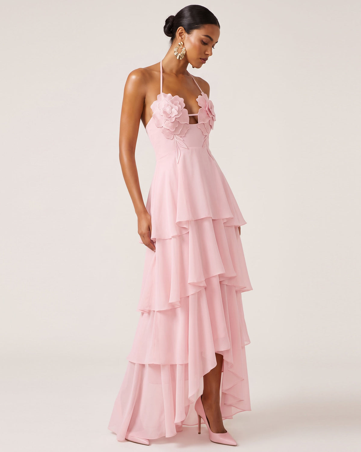 Flower Embroidered Halter Layered Maxi Dress - Pink