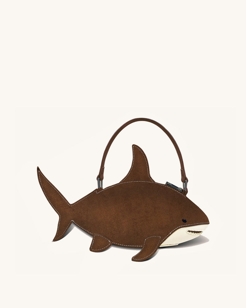 Nerys Faux Suede Shark Look Top Handle Bag - Reddish Brown