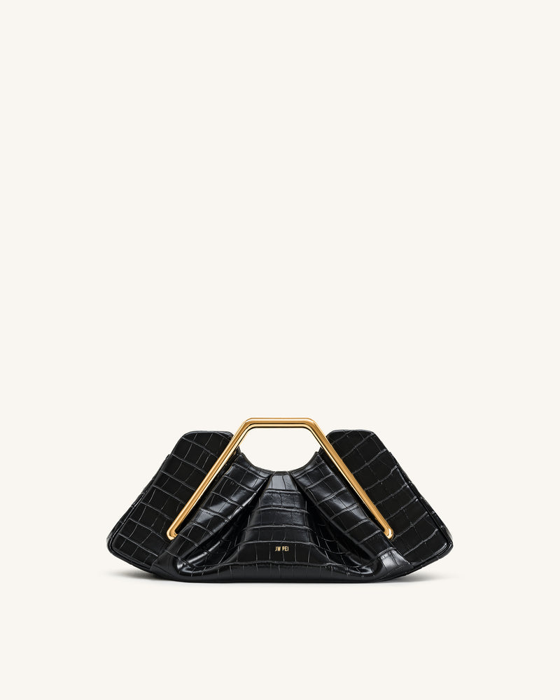Lila Faux Croc-Effect Metal Frame Clutch - Black