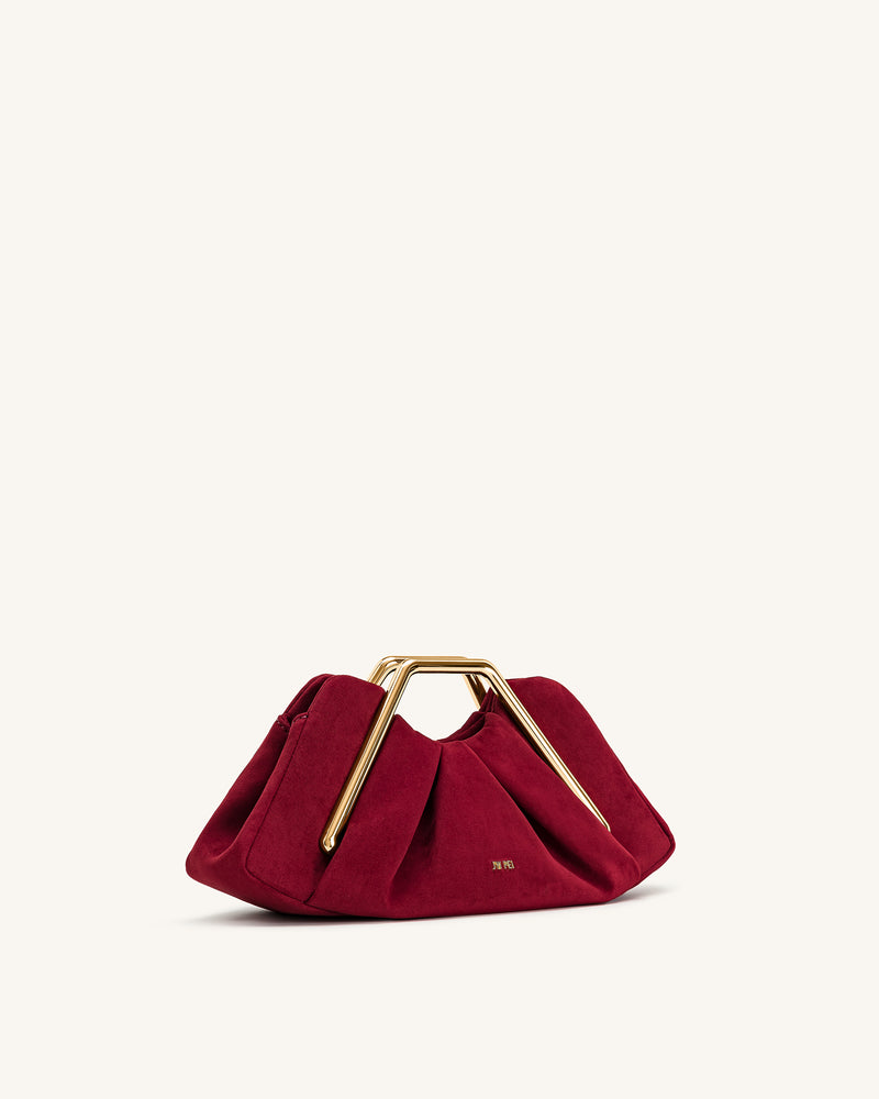 Lila Faux Suede Metal Frame Clutch - Red