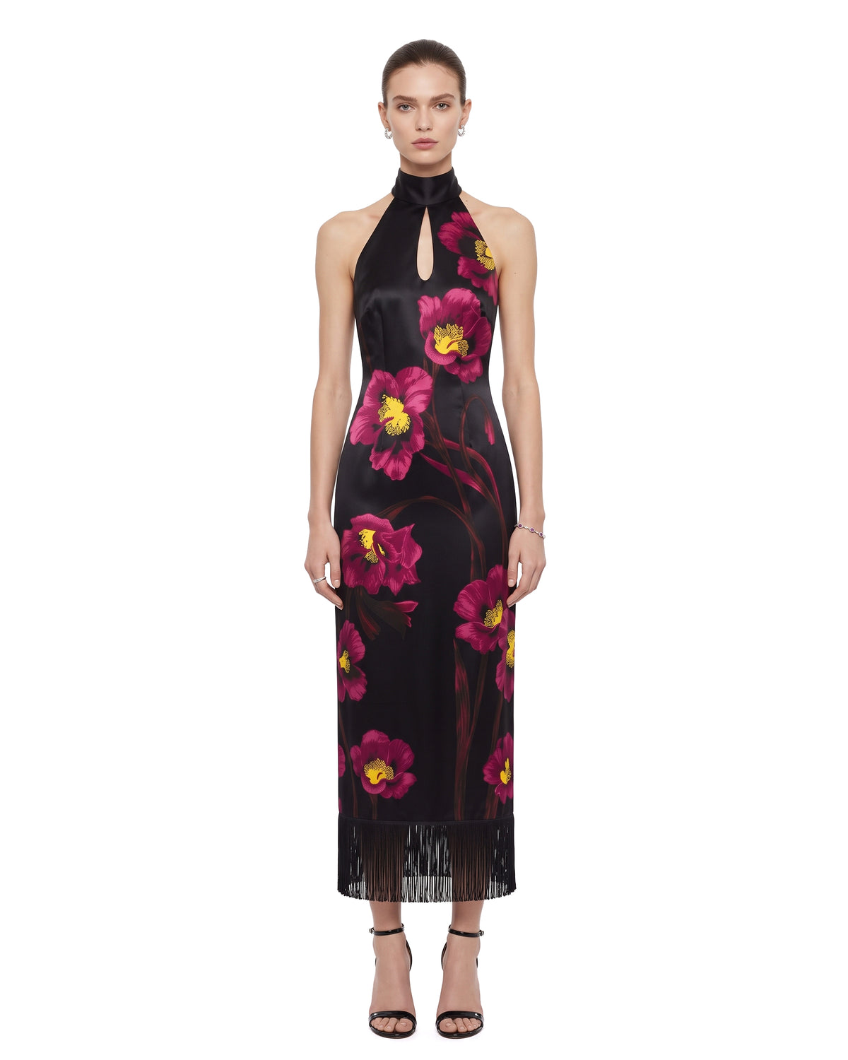 The Cheongsam-Reimagined Floral Print Keyhole Fringe Midi Dress - Black