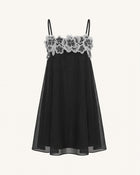 Flower Embroidered Detail Spaghetti Strap Mini Dress - Black