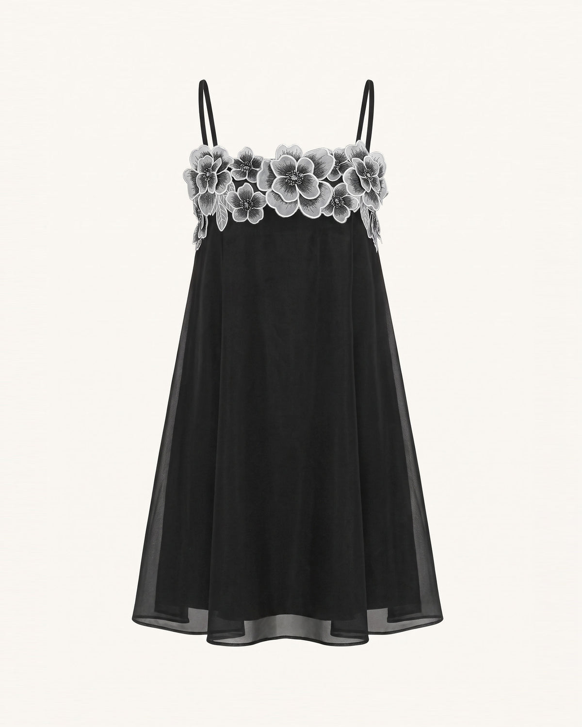 Flower Embroidered Detail Spaghetti Strap Mini Dress - Black