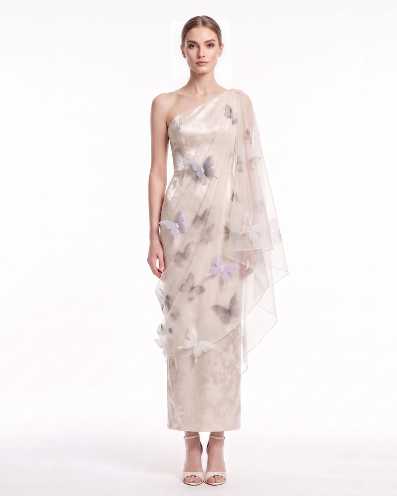 Butterfly Appliqué Draped One-Shoulder Midi Dress - Ivory
