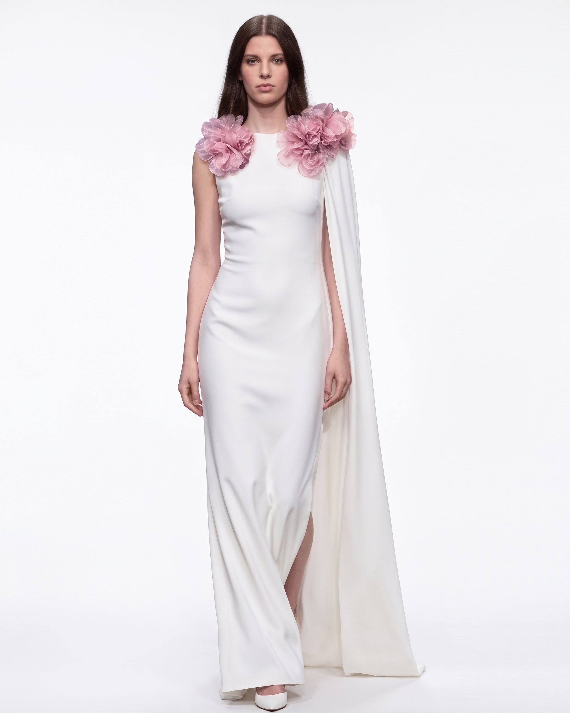 Floral Appliqué Cape Detail Column Maxi Dress - White