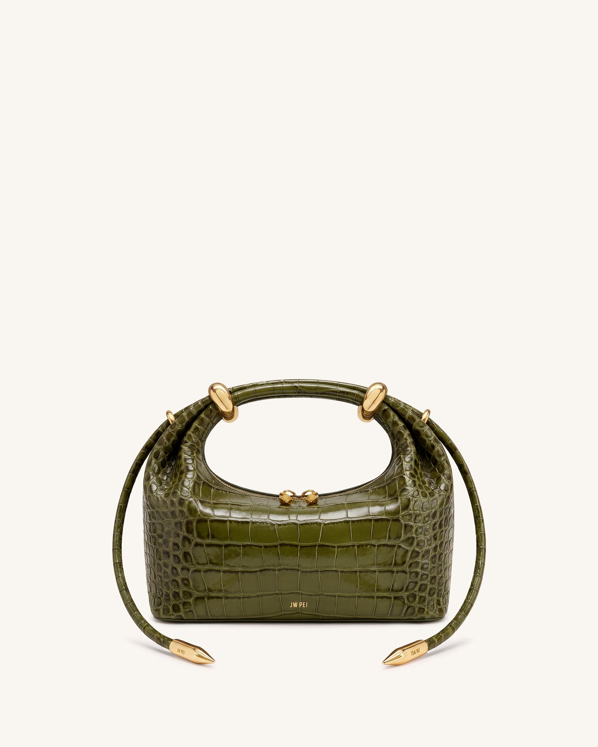 Ellie Metal Ring Embellished Top Handle Bag - Olive Green Croc